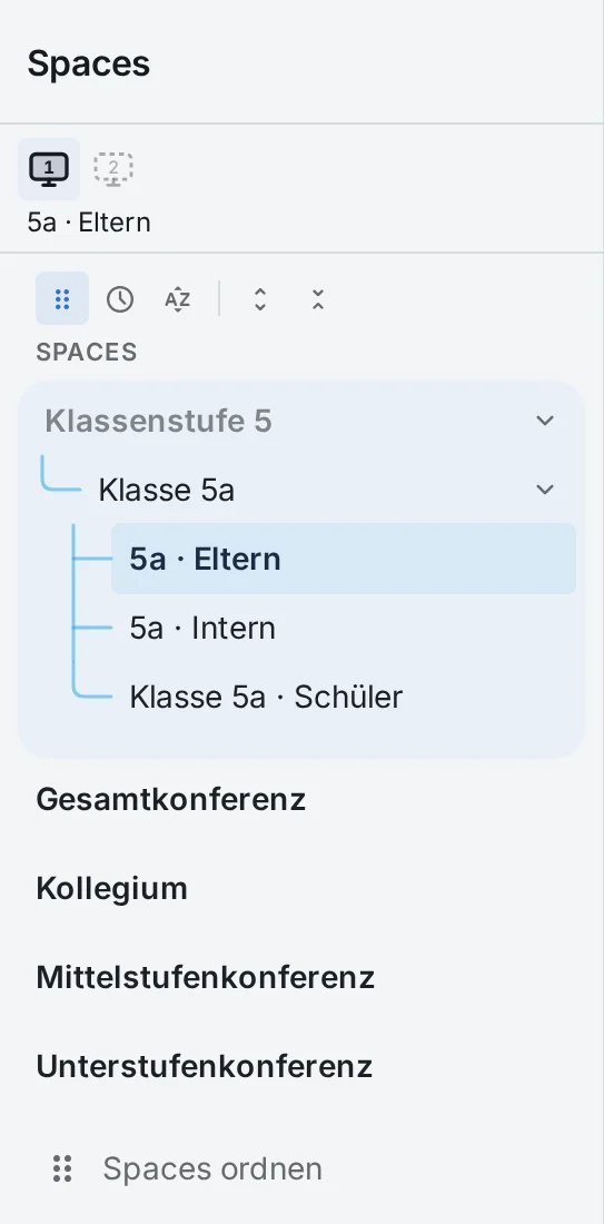 Raumliste in Prilog: unter Klassenstufe 5 die Klasse 5a mit ihren Räumen 5a · Eltern, 5a · Intern und Klasse 5a · Schüler, darunter Gesamtkonferenz, Kollegium, Mittelstufen- und Unterstufenkonferenz