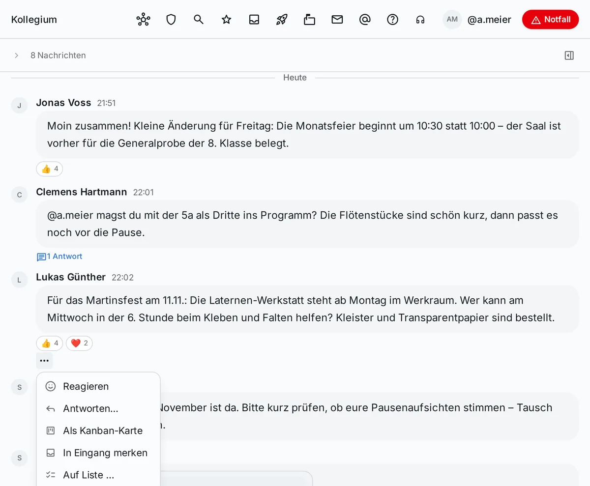 Geöffnetes Menü an einer Nachricht im Kollegium mit Reagieren, Antworten, Als Kanban-Karte, In Eingang merken und Auf Liste