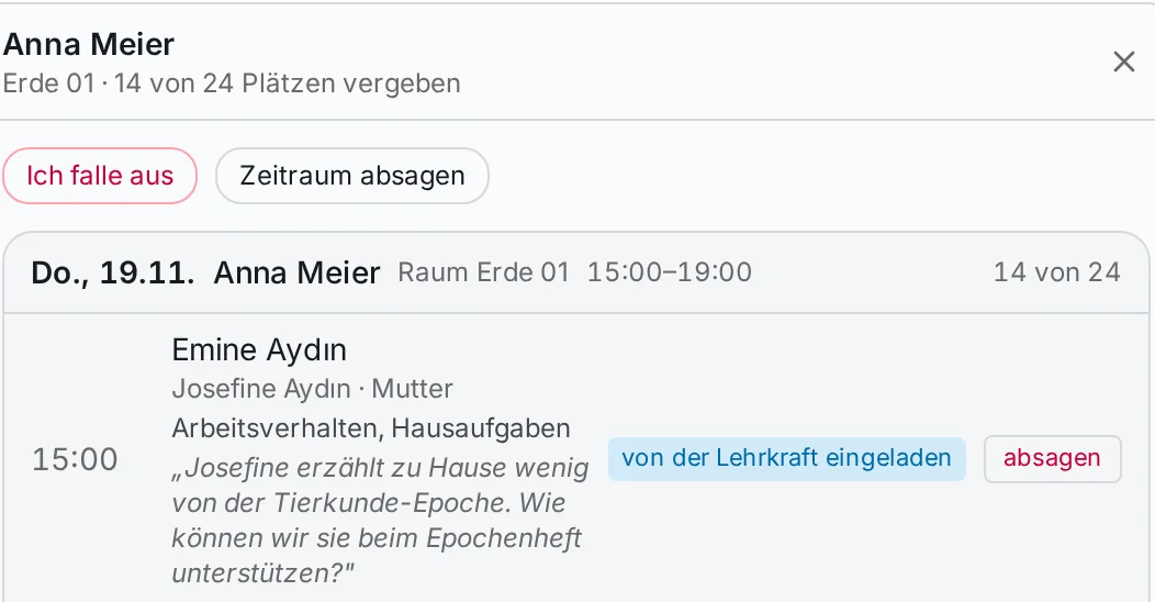 Ansicht der Lehrkraft: eine von ihr eingeladene Mutter hat den Termin um 15:00 bestätigt und als Anliegen „Arbeitsverhalten, Hausaufgaben“ mit einer kurzen Frage angegeben