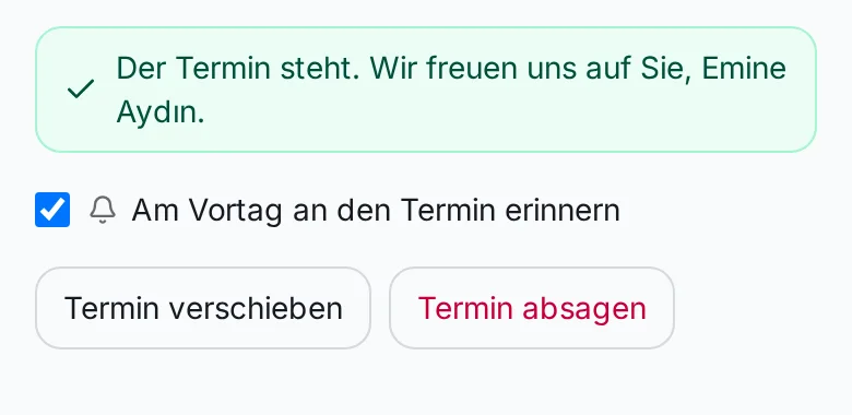 Bestätigung für die Eltern: Der Termin steht, Erinnerung am Vortag, Knöpfe Termin verschieben und Termin absagen