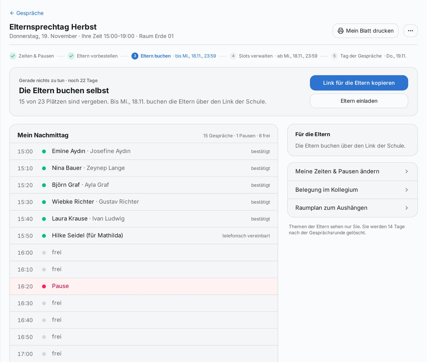 Ansicht einer Lehrkraft: Phasen des Sprechtags oben, darunter „Mein Nachmittag“ mit bestätigten Gesprächen, einem telefonisch vereinbarten Termin, freien Plätzen und einer Pause