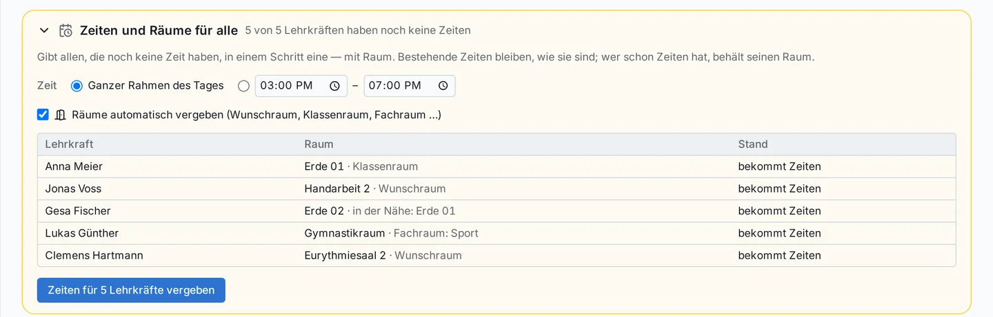 Zeiten und Räume für alle: Prilog schlägt je Lehrkraft einen Raum vor – Klassenraum, Wunschraum, Fachraum Sport oder einen Raum in der Nähe