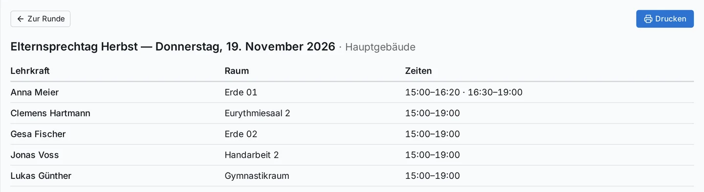 Raumplan zum Aushängen: Elternsprechtag Herbst am Donnerstag, 19. November 2026, je Lehrkraft Raum und Zeiten