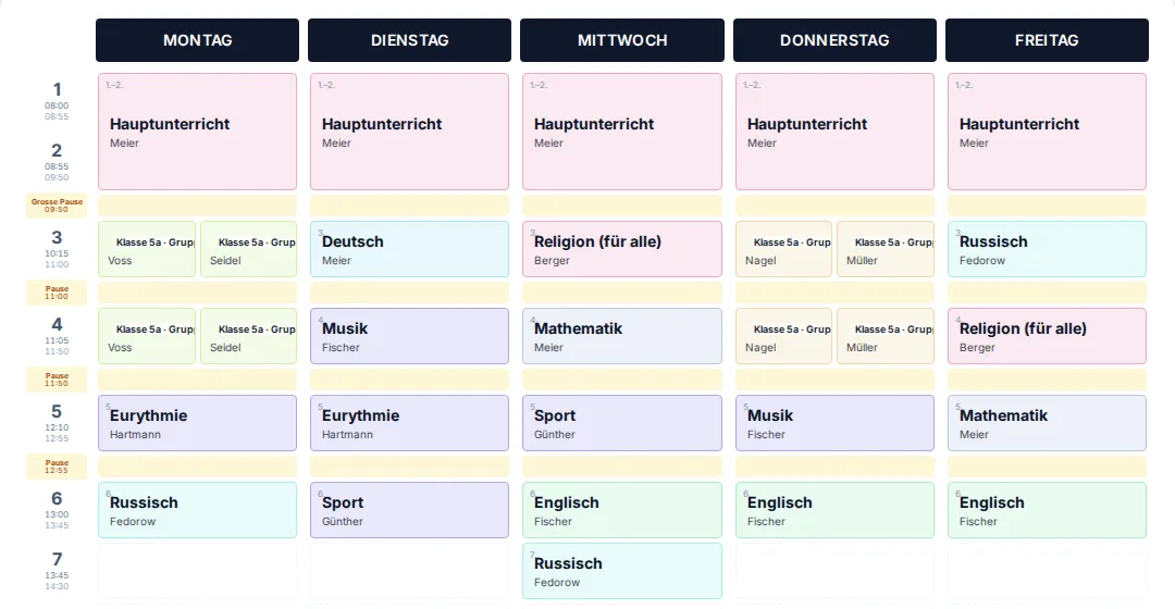 A class’s weekly timetable in Prilog with main lesson, subject lessons, sub-groups and breaks